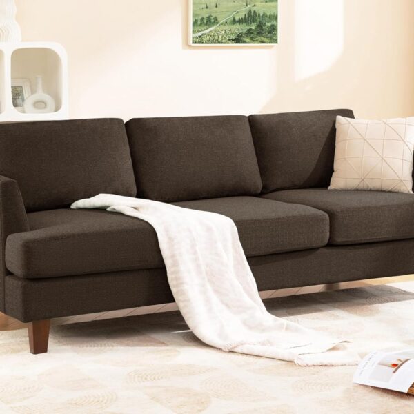 Modern 3-Seater Sofa with Deep Cushions and Armrests – 89″ Upholstered Couch for Living Room, Bedroom, Apartment, or Office (Brown)