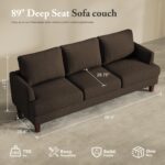 Modern 3-Seater Sofa with Deep Cushions and Armrests – 89″ Upholstered Couch for Living Room, Bedroom, Apartment, or Office (Brown) - Image 6