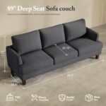 Modern 3-Seater Sofa with Deep Cushions and Armrests – 89″ Upholstered Couch for Living Room, Bedroom, Apartment, or Office (Dark Grey) - Image 2