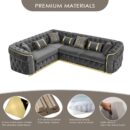 110.5" Luxury Velvet L Shape Chesterfield Sofa Set with Glod Metal Accents, Oversize Victorian Curved Arm Sofa Sectional Couches for Living Room with 7 Pillows, Left Chaise, Gray - Image 6