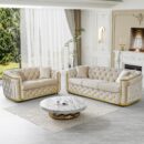 Mid Century Modern Chesterfield Sofa Couch, 84.6" Velvet Couch White and Gold Sofa Luxury Loveseat for Living Room, Tufted Sofas with 2 Pillows & Classic Golden Decor, Beige White - Image 4