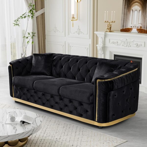Mid Century Modern Chesterfield Sofa Couch, 84.6" Velvet Couch Black and Gold Sofa Luxury Loveseat for Living Room, Tufted Sofas with 2 Pillows & Classic Golden Decor, Black