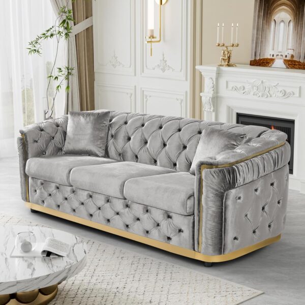 Mid Century Modern Chesterfield Sofa Couch, 84.6" Velvet Couch White and Gold Sofa Luxury Loveseat for Living Room, Tufted Sofas with 2 Pillows & Classic Golden Decor, Grey
