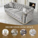 Mid Century Modern Chesterfield Sofa Couch, 84.6" Velvet Couch White and Gold Sofa Luxury Loveseat for Living Room, Tufted Sofas with 2 Pillows & Classic Golden Decor, Grey - Image 5