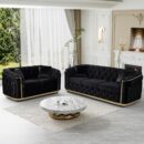 Mid Century Modern Chesterfield Sofa Couch, 84.6" Velvet Couch Black and Gold Sofa Luxury Loveseat for Living Room, Tufted Sofas with 2 Pillows & Classic Golden Decor, Black - Image 6