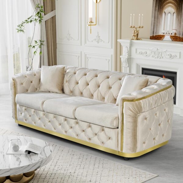 Mid Century Modern Chesterfield Sofa Couch, 84.6" Velvet Couch White and Gold Sofa Luxury Loveseat for Living Room, Tufted Sofas with 2 Pillows & Classic Golden Decor, Beige White