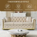 Mid Century Modern Chesterfield Sofa Couch, 84.6" Velvet Couch White and Gold Sofa Luxury Loveseat for Living Room, Tufted Sofas with 2 Pillows & Classic Golden Decor, Beige White - Image 2