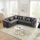 110.5" Luxury Velvet L Shape Chesterfield Sofa Set with Glod Metal Accents, Oversize Victorian Curved Arm Sofa Sectional Couches for Living Room with 7 Pillows, Left Chaise, Gray - Image 2