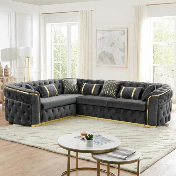 110.5" Luxury Velvet L Shape Chesterfield Sofa Set with Glod Metal Accents, Oversize Victorian Curved Arm Sofa Sectional Couches for Living Room with 7 Pillows, Left Chaise, Gray