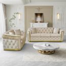 Mid Century Modern Chesterfield Sofa Couch, 84.6" Velvet Couch White and Gold Sofa Luxury Loveseat for Living Room, Tufted Sofas with 2 Pillows & Classic Golden Decor, Beige White - Image 3