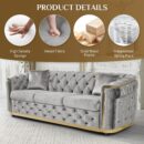 Mid Century Modern Chesterfield Sofa Couch, 84.6" Velvet Couch White and Gold Sofa Luxury Loveseat for Living Room, Tufted Sofas with 2 Pillows & Classic Golden Decor, Grey - Image 2